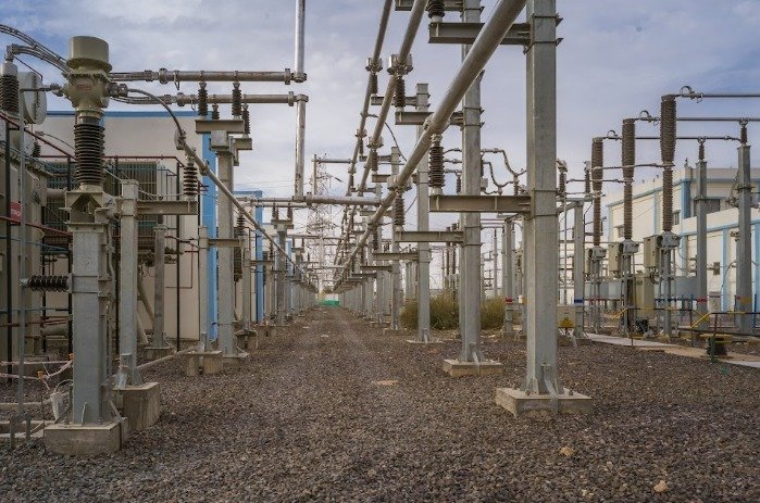 Transmission towers and power lines under construction